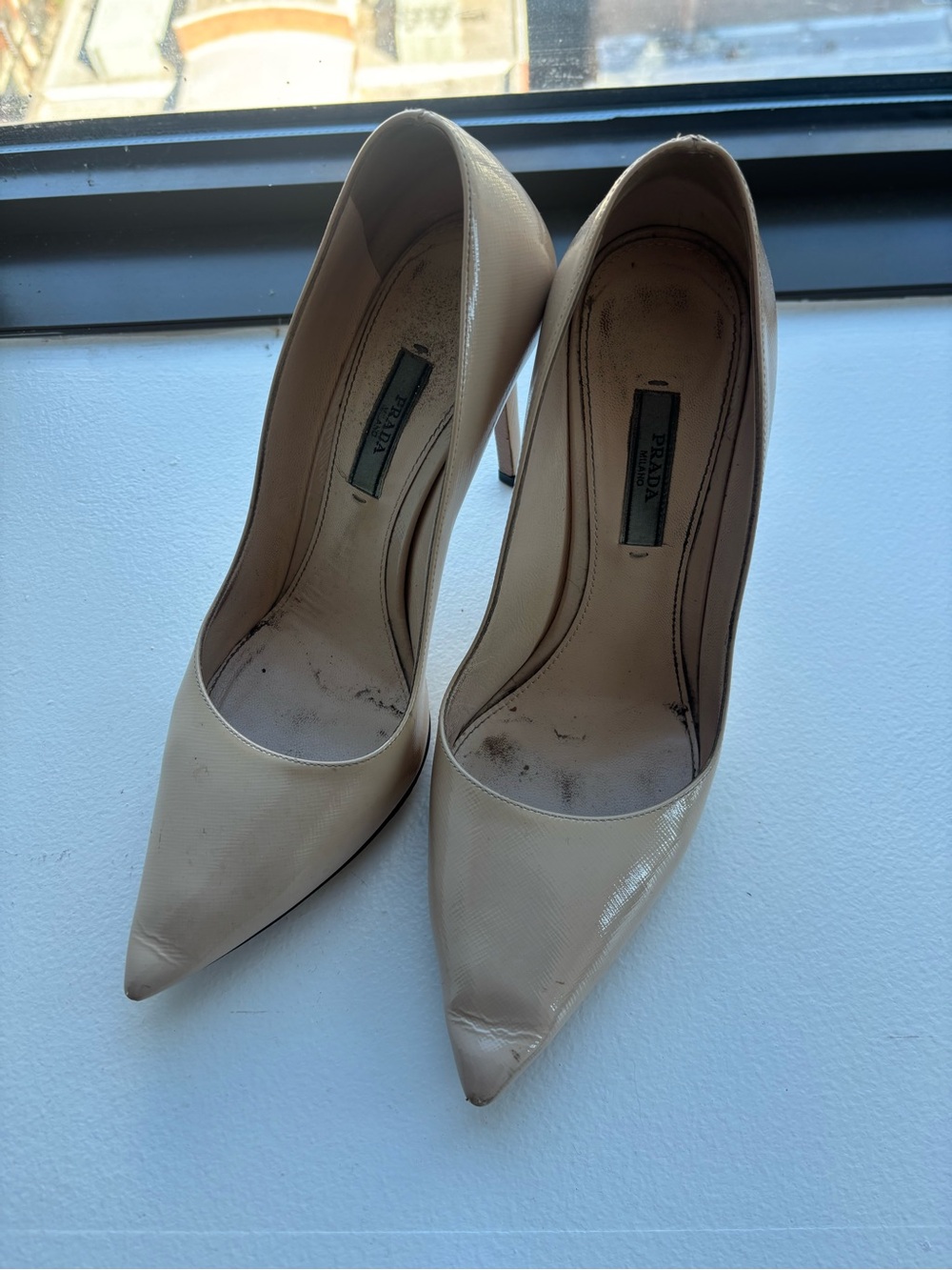 Prada Nude Patent Leather Pointed-Toe Pumps